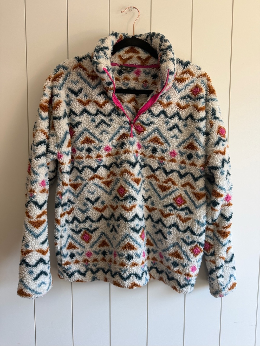 Eddie Bauer Cream Sherpa Pullover with Teal, Tan & Pink Accents